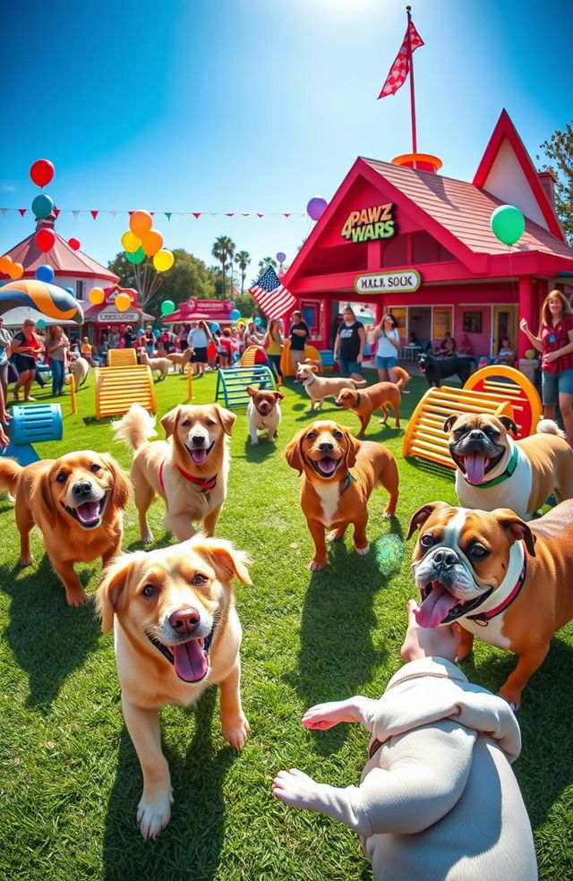 A joyful scene of playful dogs engaging in a friendly competition at a whimsical park, showcasing a variety of breeds like Golden Retrievers, Dachshunds, and Bulldogs