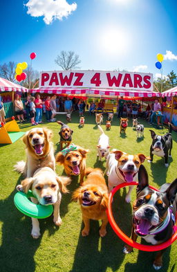 A joyful scene of playful dogs engaging in a friendly competition at a whimsical park, showcasing a variety of breeds like Golden Retrievers, Dachshunds, and Bulldogs