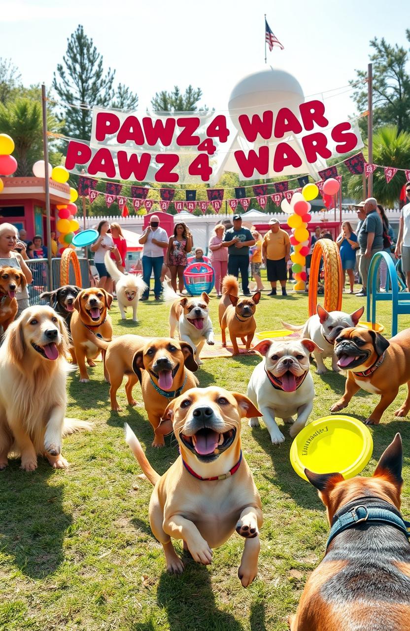 A joyful scene of playful dogs engaging in a friendly competition at a whimsical park, showcasing a variety of breeds like Golden Retrievers, Dachshunds, and Bulldogs