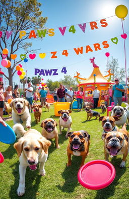 A joyful scene of playful dogs engaging in a friendly competition at a whimsical park, showcasing a variety of breeds like Golden Retrievers, Dachshunds, and Bulldogs