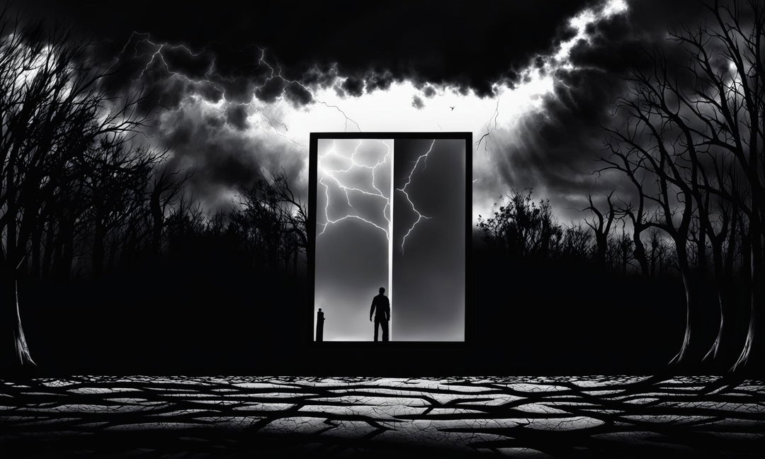 A darkened monochrome digital art piece featuring a shattered mirror reflecting a shadowy figure, surrounded by a desolate landscape under a stormy night sky