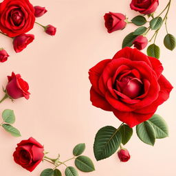 A stunning wallpaper design featuring large, bright red roses elegantly arranged around the edges