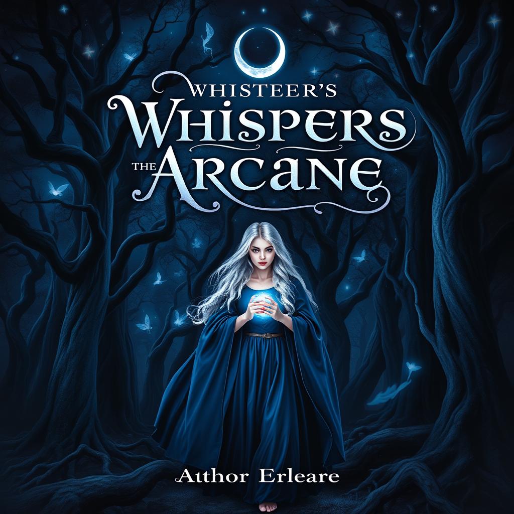 An intriguing cover for a mysterious fantasy novel featuring a young woman standing at the edge of a dark enchanted forest