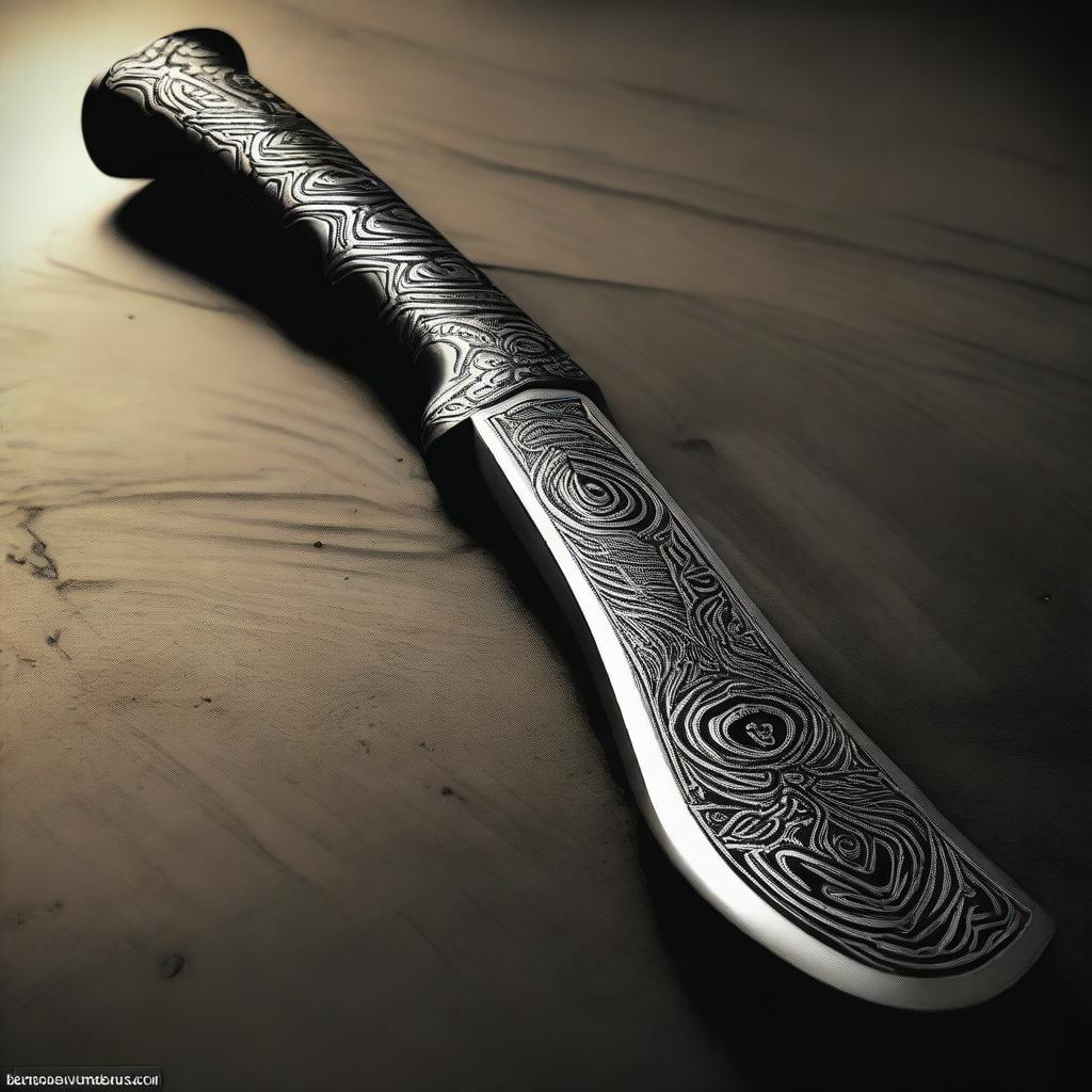 An expertly crafted tomahawk from the Black Ops 2 game, glistening in the low light, etched with intricate designs and even a hint of battle scars