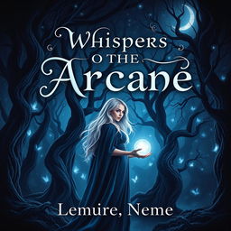 An intriguing cover for a mysterious fantasy novel featuring a young woman standing at the edge of a dark enchanted forest