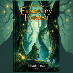 A captivating book cover design for an imaginative fantasy novel that features a mysterious enchanted forest with towering, ancient trees, adorned with glowing mystical flowers and twinkling fairy lights