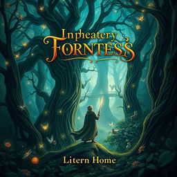 A captivating book cover design for an imaginative fantasy novel that features a mysterious enchanted forest with towering, ancient trees, adorned with glowing mystical flowers and twinkling fairy lights