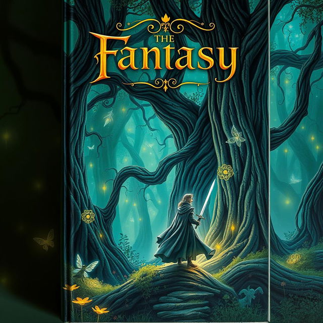 A captivating book cover design for an imaginative fantasy novel that features a mysterious enchanted forest with towering, ancient trees, adorned with glowing mystical flowers and twinkling fairy lights