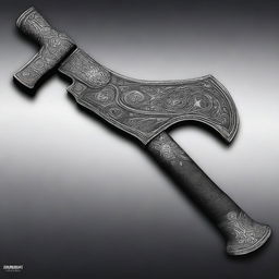 An expertly crafted tomahawk from the Black Ops 2 game, glistening in the low light, etched with intricate designs and even a hint of battle scars