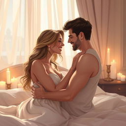A beautifully intimate scene portraying romantic love making between two adults in an elegant, softly lit bedroom