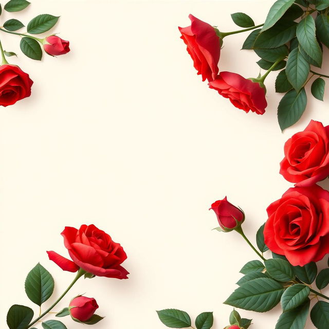 A beautifully designed wallpaper featuring large, vibrant bright red roses elegantly arranged around the edges