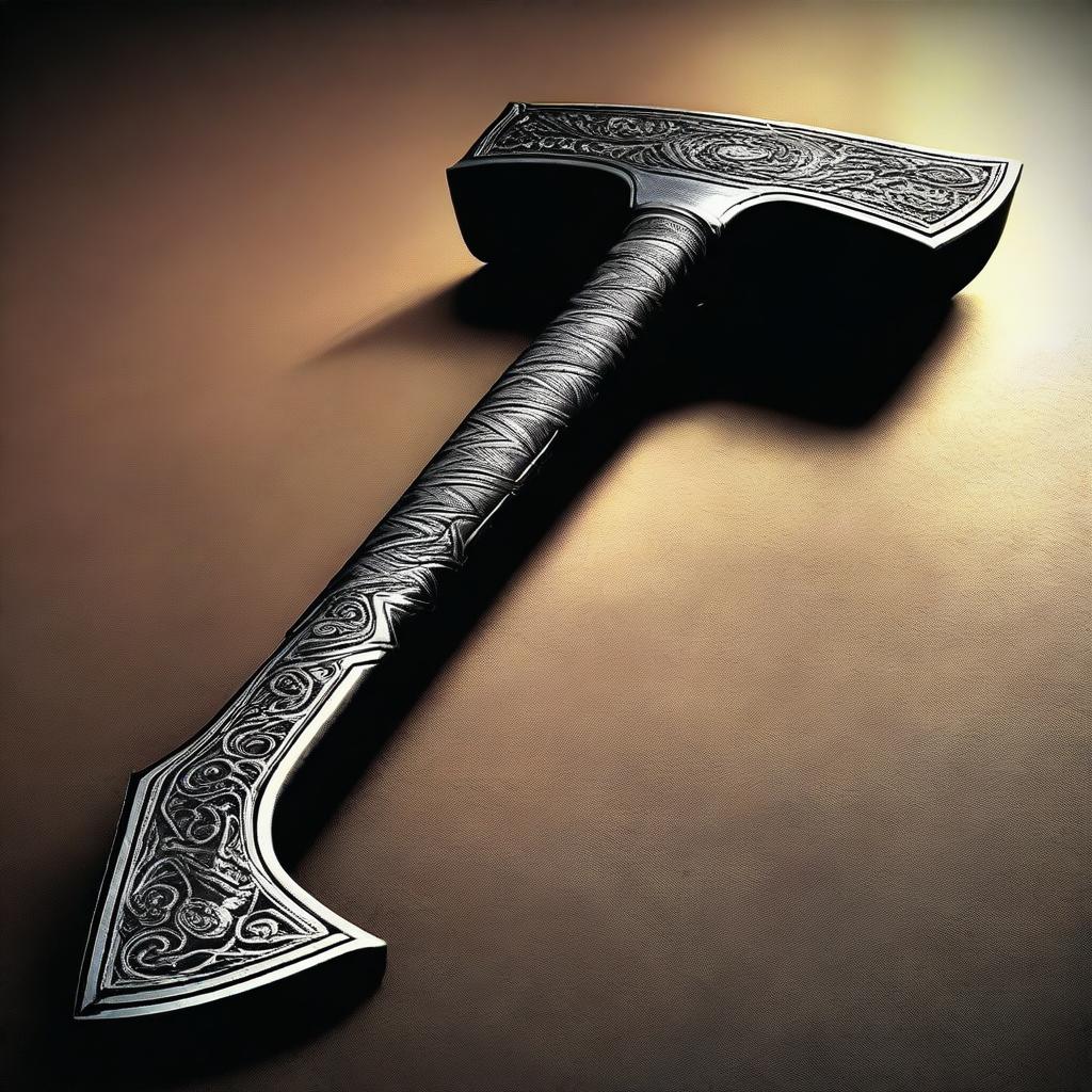 An expertly crafted tomahawk from the Black Ops 2 game, glistening in the low light, etched with intricate designs and even a hint of battle scars