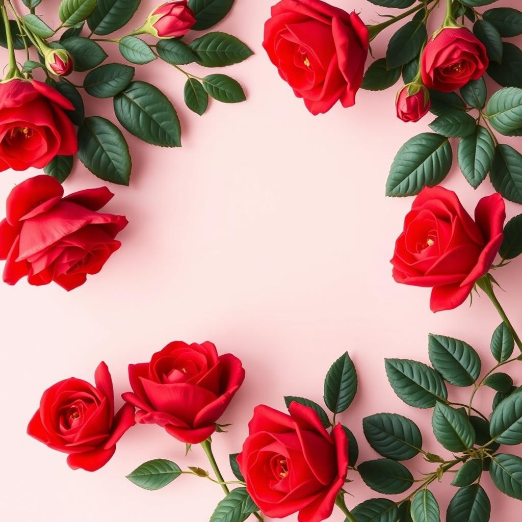 A beautifully designed wallpaper featuring large, vibrant bright red roses elegantly arranged around the edges