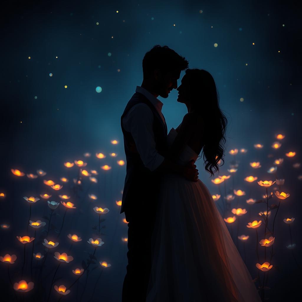 A romantic scene depicting a couple in the dark, surrounded by a soft, glowing light