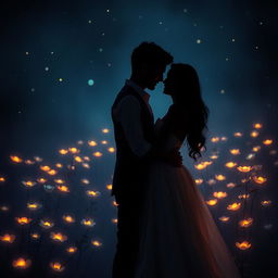 A romantic scene depicting a couple in the dark, surrounded by a soft, glowing light