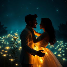 A romantic scene depicting a couple in the dark, surrounded by a soft, glowing light