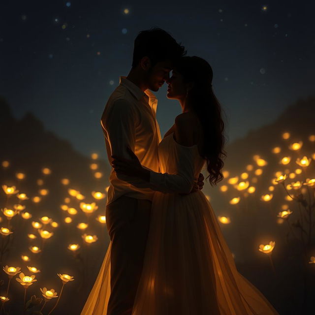 A romantic scene depicting a couple in the dark, surrounded by a soft, glowing light