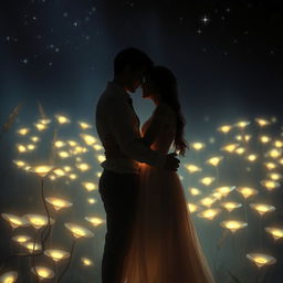 A romantic scene depicting a couple in the dark, surrounded by a soft, glowing light