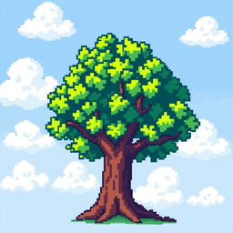A pixelated tree, featuring bright green leaves and a sturdy brown trunk, designed in a classic retro pixel art style