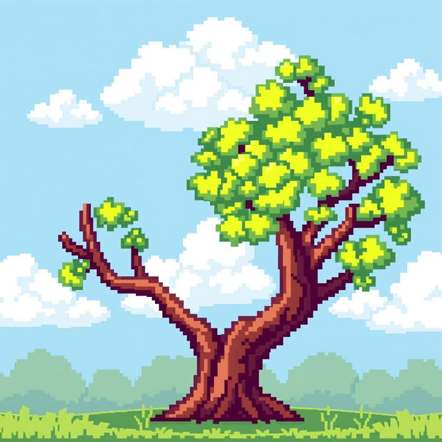 A pixelated tree, featuring bright green leaves and a sturdy brown trunk, designed in a classic retro pixel art style