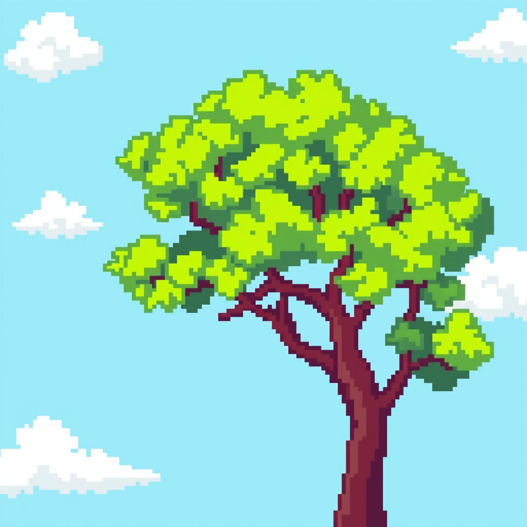 A pixelated tree, featuring bright green leaves and a sturdy brown trunk, designed in a classic retro pixel art style