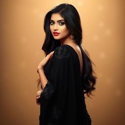 A stunning Indian woman wearing a beautiful black saree, her long hair cascading down her back, bending slightly to accentuate her curves