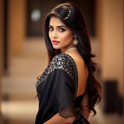 A stunning Indian woman wearing a beautiful black saree, her long hair cascading down her back, bending slightly to accentuate her curves