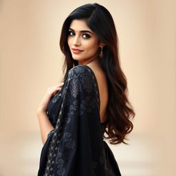 A stunning Indian woman wearing a beautiful black saree, her long hair cascading down her back, bending slightly to accentuate her curves