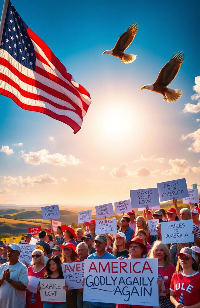 A powerful and inspirational image representing the theme "Make America Godly Again" with elements such as an American flag waving proudly in the foreground, a majestic eagle soaring in the blue sky, and a serene landscape featuring a glowing sunrise over rolling hills