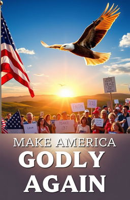A powerful and inspirational image representing the theme "Make America Godly Again" with elements such as an American flag waving proudly in the foreground, a majestic eagle soaring in the blue sky, and a serene landscape featuring a glowing sunrise over rolling hills