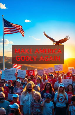 A powerful and inspirational image representing the theme "Make America Godly Again" with elements such as an American flag waving proudly in the foreground, a majestic eagle soaring in the blue sky, and a serene landscape featuring a glowing sunrise over rolling hills
