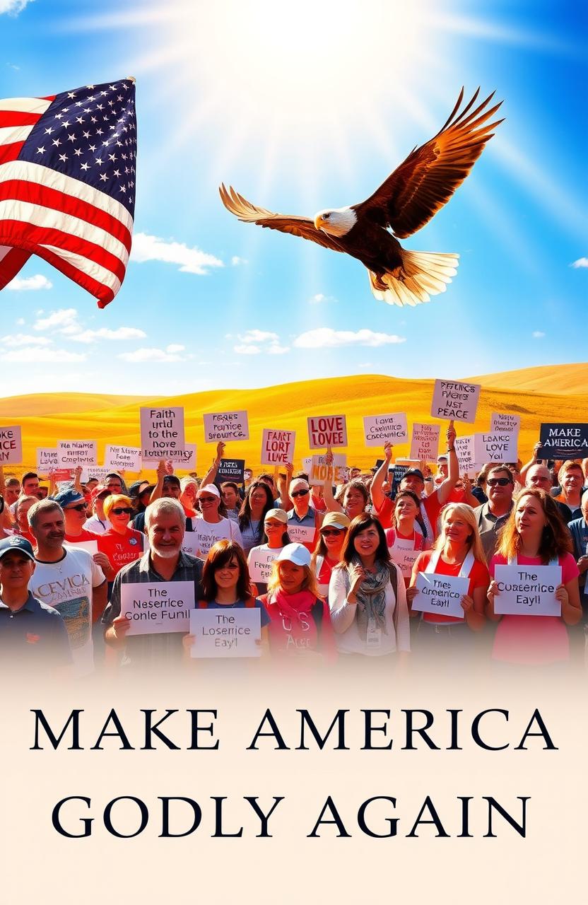 A powerful and inspirational image representing the theme "Make America Godly Again" with elements such as an American flag waving proudly in the foreground, a majestic eagle soaring in the blue sky, and a serene landscape featuring a glowing sunrise over rolling hills