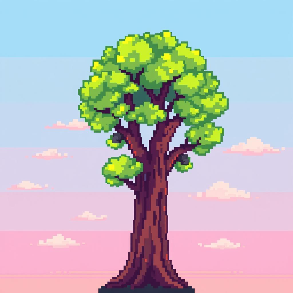 A pixelated tree depicted in a stylized and colorful manner, featuring bright green leaves and a textured brown trunk