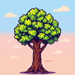A pixelated tree depicted in a stylized and colorful manner, featuring bright green leaves and a textured brown trunk