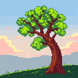 A pixelated tree depicted in a stylized and colorful manner, featuring bright green leaves and a textured brown trunk