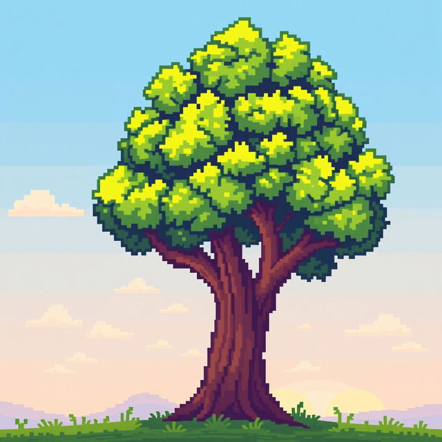 A pixelated tree depicted in a stylized and colorful manner, featuring bright green leaves and a textured brown trunk