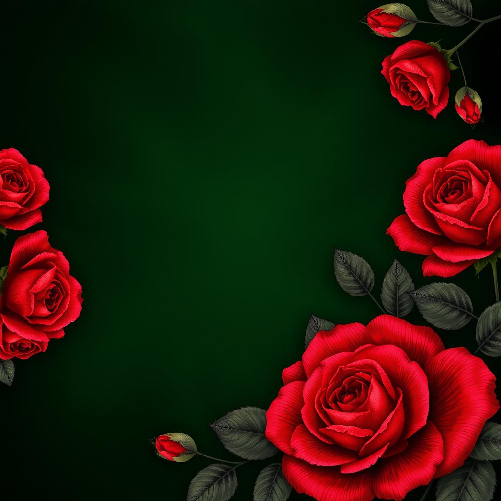 A beautiful wallpaper design featuring a dark green background adorned with large, vibrant red roses elegantly surrounding the edges