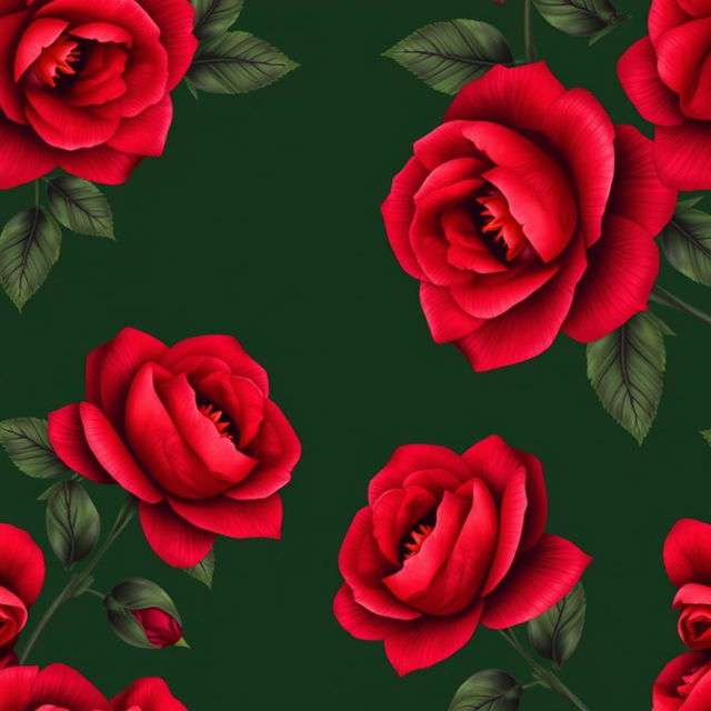 A beautiful wallpaper design featuring a dark green background adorned with large, vibrant red roses elegantly surrounding the edges