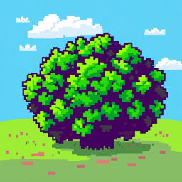 A pixelated bush depicted in a vibrant and colorful pixel art style, featuring a mix of bright green hues to represent lush foliage