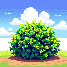 A pixelated bush depicted in a vibrant and colorful pixel art style, featuring a mix of bright green hues to represent lush foliage