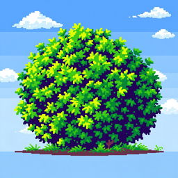 A pixelated bush depicted in a vibrant and colorful pixel art style, featuring a mix of bright green hues to represent lush foliage