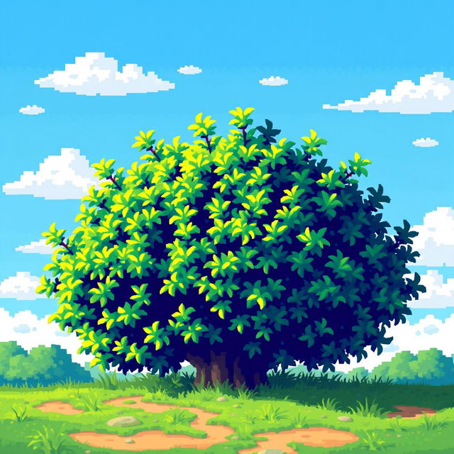 A pixelated bush depicted in a vibrant and colorful pixel art style, featuring a mix of bright green hues to represent lush foliage