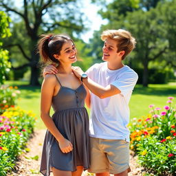 A romantic and playful scene set in a bright, sunny park, where two teens are playfully posing for a photograph