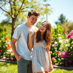 A romantic and playful scene set in a bright, sunny park, where two teens are playfully posing for a photograph