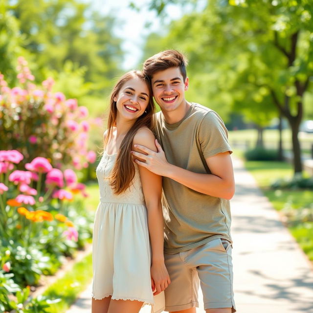 A romantic and playful scene set in a bright, sunny park, where two teens are playfully posing for a photograph