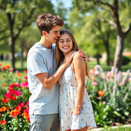 A romantic and playful scene set in a bright, sunny park, where two teens are playfully posing for a photograph