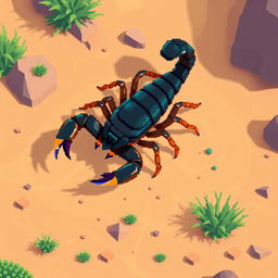 An isometric view of a pixelated scorpion, designed with vibrant colors and sharp pixel edges