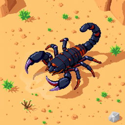 An isometric view of a pixelated scorpion, designed with vibrant colors and sharp pixel edges