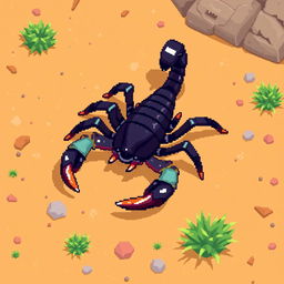An isometric view of a pixelated scorpion, designed with vibrant colors and sharp pixel edges