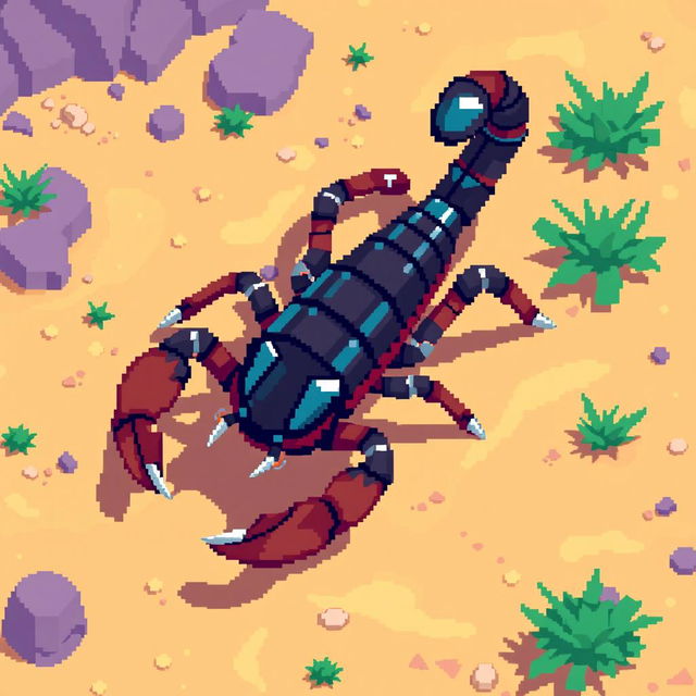 An isometric view of a pixelated scorpion, designed with vibrant colors and sharp pixel edges